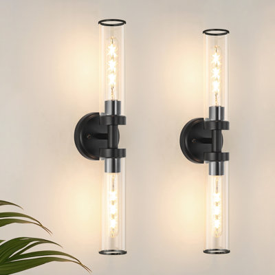 Ensemble de 2 appliques murales modernes noires avec abat-jour en verre transparent - Éclairage de meuble-lavabo câblé pour miroir, couloir, chambre à coucher
