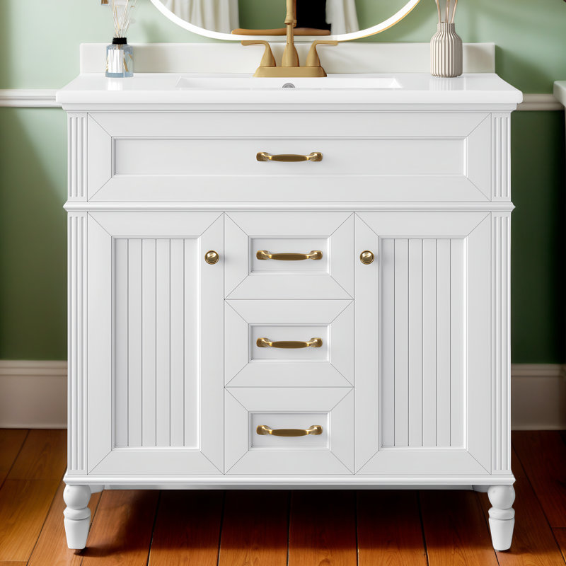 Ensemble de meuble-lavabo 36 po avec lavabo, meuble autoportant blanc avec cuve en céramique, cadre en bois massif et en MDF, tiroir supérieur rabattable, portes à fermeture en douceur, 2 tiroirs de rangement, poignées dorées