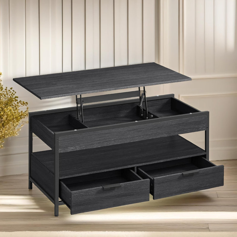 Akya Black Lift Top Extendable Coffee Table with Storage Compartments and Drawers Living Room