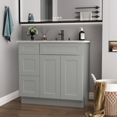 Armoire de base de meuble-lavabo gris en contreplaqué avec porte gauche, l 36 po x P 21 po H 34,5 po - base de shaker de porte de salle de bain intemporelle, 36 po 21 34,5 po - Fabrication