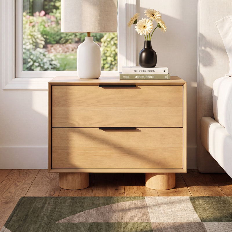 Vanora Wood 2 Drawer Nightstand, Natural