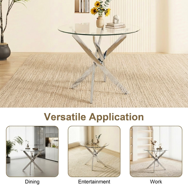 Table de salle à manger ronde, en verre de 35,5 po avec pieds, esthétique moderne pour la pièce, réduit la collision, assemblage rapide et simple dans les petits espaces