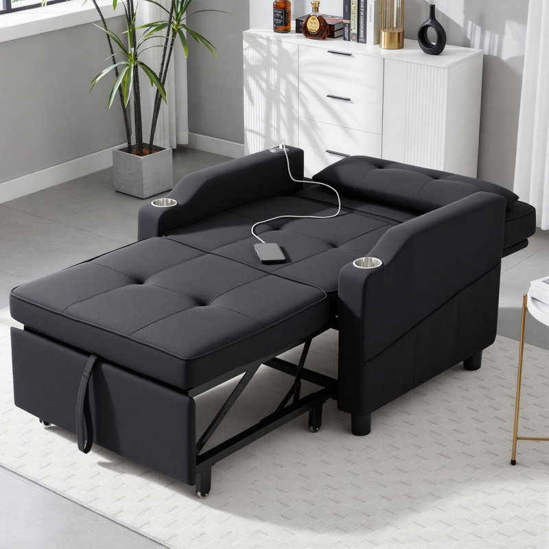 Fauteuil convertible compact 3-en-1 avec chargement USB et Type-C, Noir