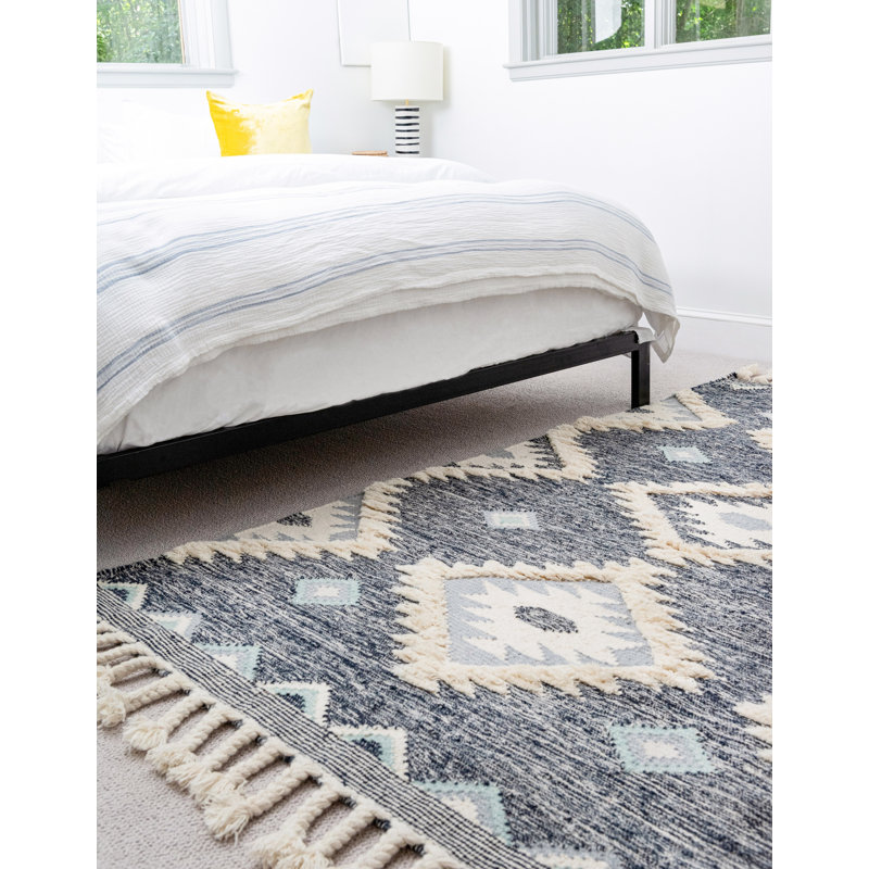 Tapis bleu marine en laine tissé à plat à la main Shriver Southwestern, Rectangle 6 pi 1 po x 9 pi