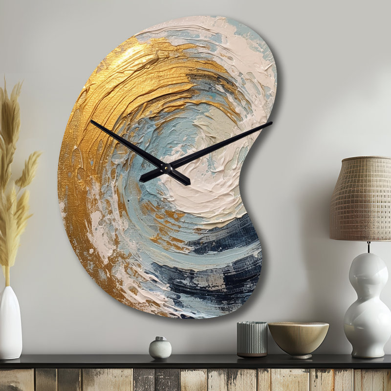 Or et bleu spirale nébuleuse - spirales abstraites de forme irrégulière horloge murale en métal, horloge murale asymétrique moderne