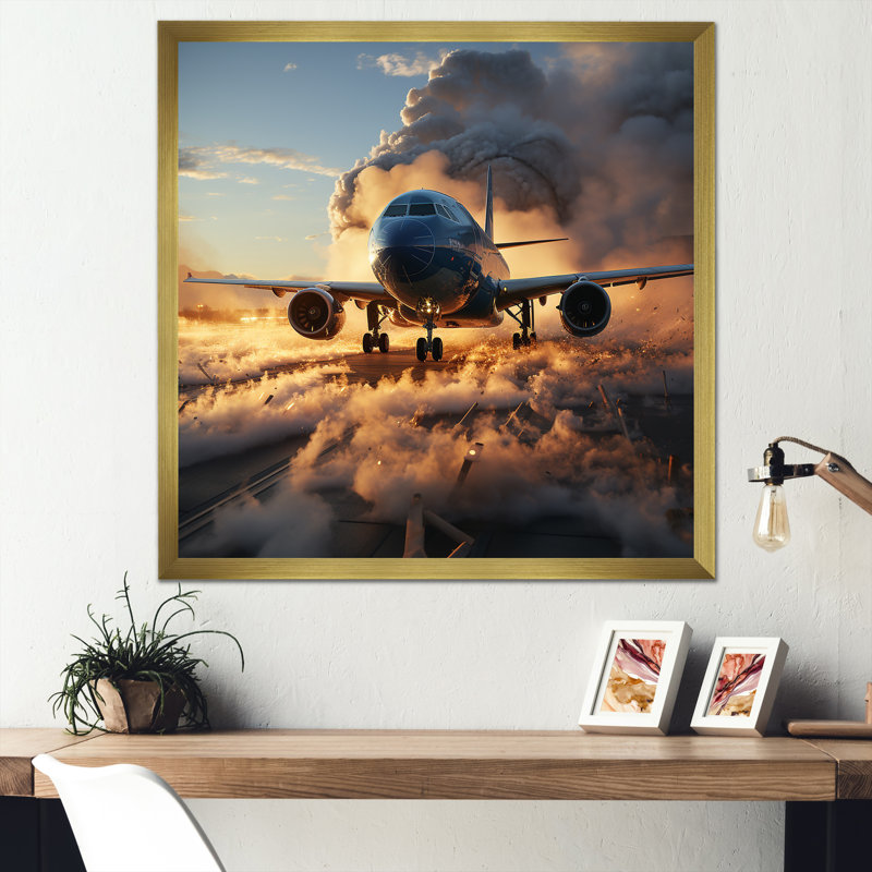 Avion prêt pour le décollage III - train, art mural, Cadre doré simple, H 36 po x l 36 po x P 1,5 po
