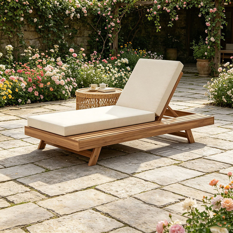 Lounge Chaise Set, Space Available On One Side, Acacia Wood With Water-Resistant Lounge Cushions (4 Inch Thick)