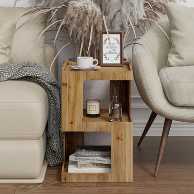 Farmhouse Geometric Wood End Table With 3-Layer Cube Design