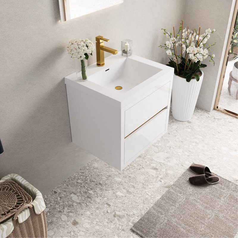 Meuble-lavabo de 24 po avec lavabo, blanc brillant. Pré-assemblé pour faciliter l'installation. Rangement en U Utilisation efficace. Tiroirs à fermeture en douceur, fonctionnement silencieux. Comptoir en résine de pierre. - Bois