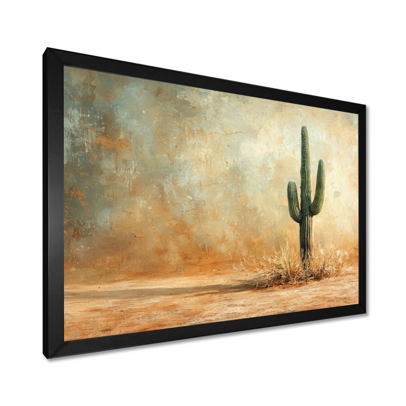 Minimalisme, cactus dans le désert, vent II - cactus, décoration murale, Cadre simple, Noir, H 12 po x l 20 po