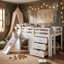 Lit mezzanine double blanc bas avec glissade, 3 tiroirs de rangement et 2 portes d'armoire, cadre de lit mezzanine en bois pour enfants avec rangement intégré-782438650