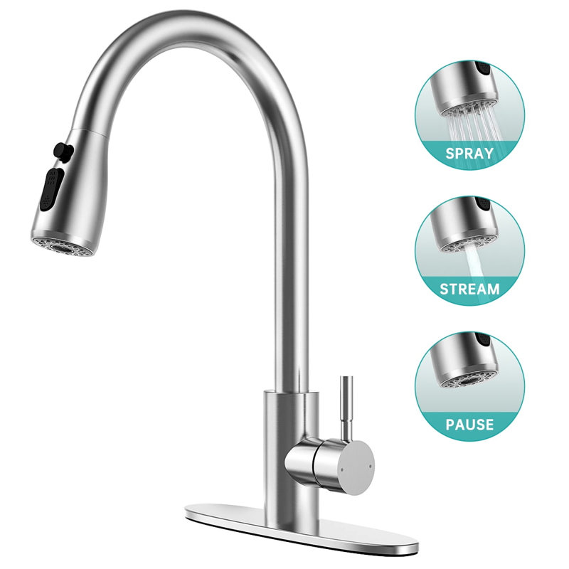 Brushed Nickel Stainless Steel Kitchen Faucet with Pull-Out Spray