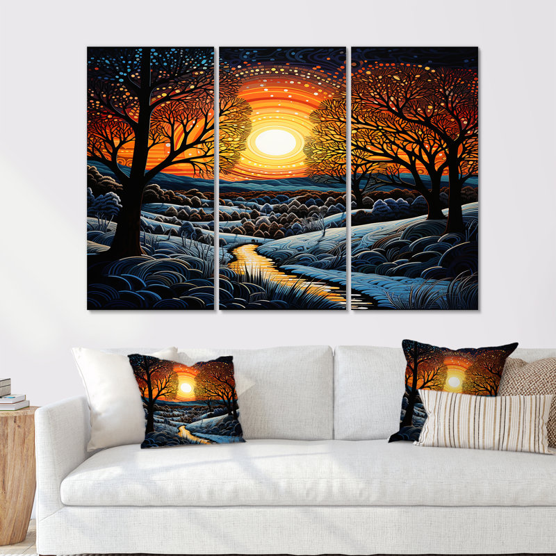 Coucher de soleil dans la forêt d'hiver de Noël - ensemble de décoration murale paysage abstrait, Toile tendue