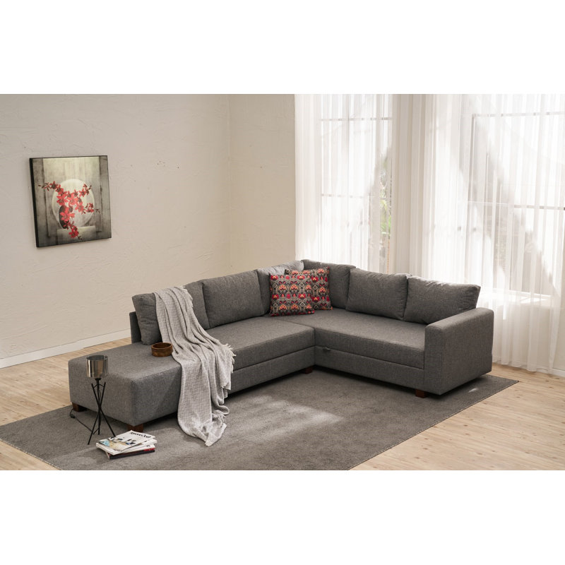 Stylish Corner Sofa-Bed, Grey Fabric, 110.2 x 32.7 x 82.7 inches | Wooden & Particle Board Frame, Cotton/Polyester Blend | 59.1 x 66.9 inch Sleeping Space | 12 Storage Legs, Eco-Friendly, Perfect for Living Room & Guest Room
