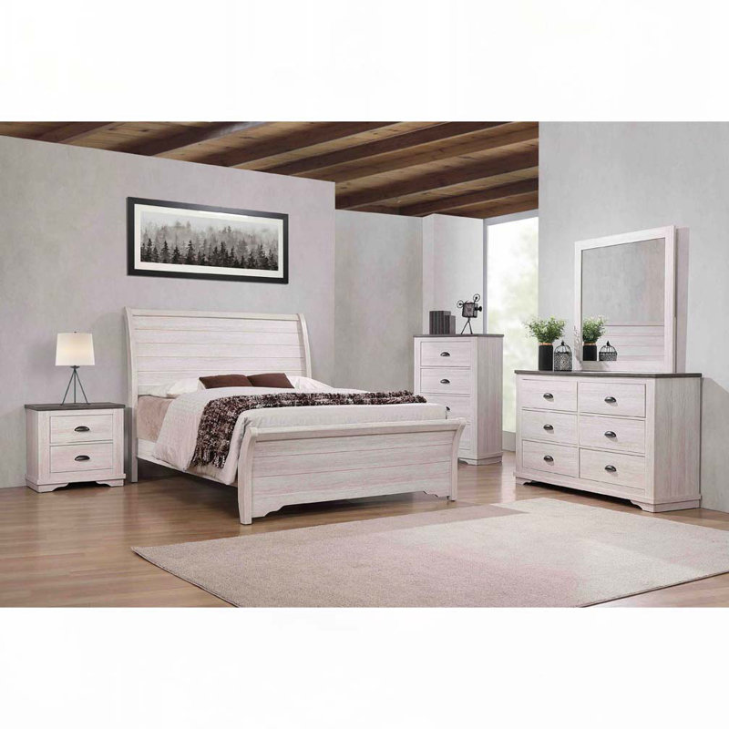 Lit plateforme Rustic Wood, Blanc cassé/gris