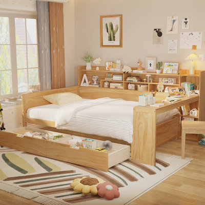 Lit de jour en bois avec tablettes de rangement, lit multifonctionnel avec tiroirs de rangement et bureau d'étude