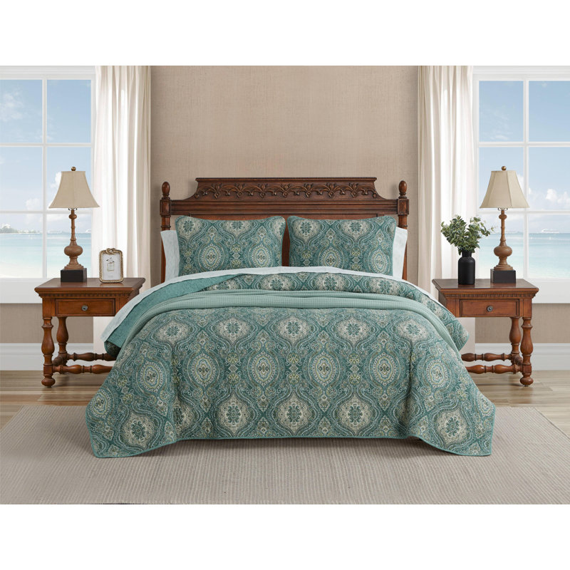 Tommy Bahama Turtle Cove Cotton Reversible Quilt Set, Queen Quilt + 2 Standard Shams, Lagoon Green