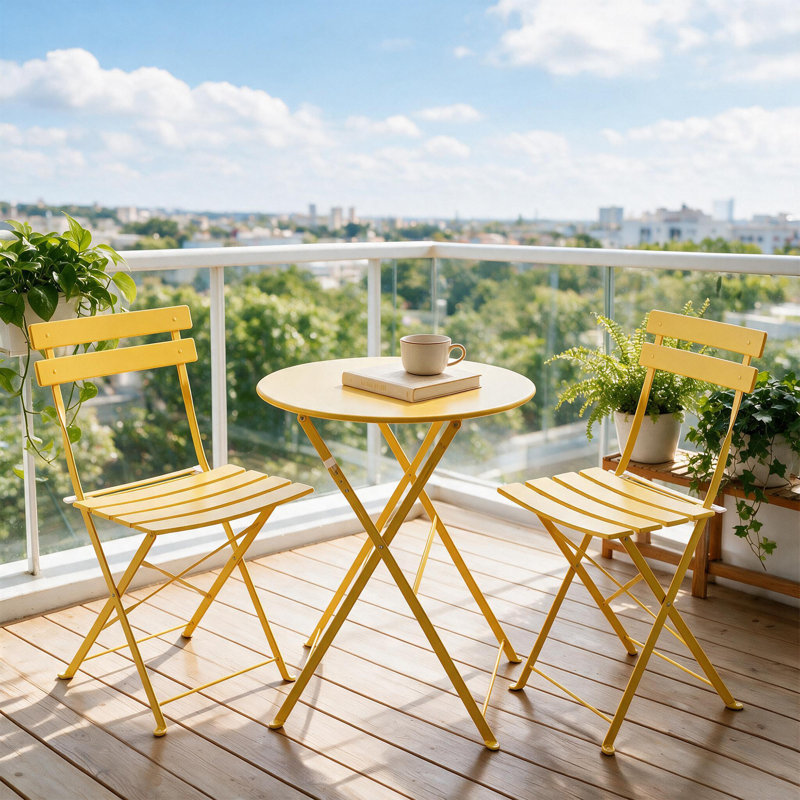 Ensemble de table bistro et chaises rondes en acier 3 pièces, Jaune