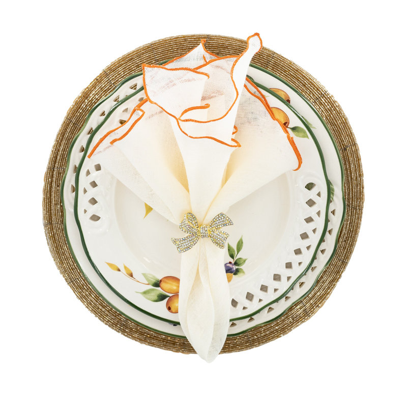 Serviette en lin festonnée à bords festonnés 21 po, Off White/Orange