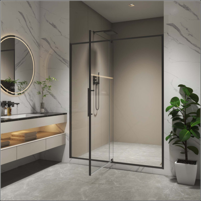 Porte de douche pivotante, ouverte à l'extérieur, arrêt à 105 degrés, avec verre trempé, Noir mat