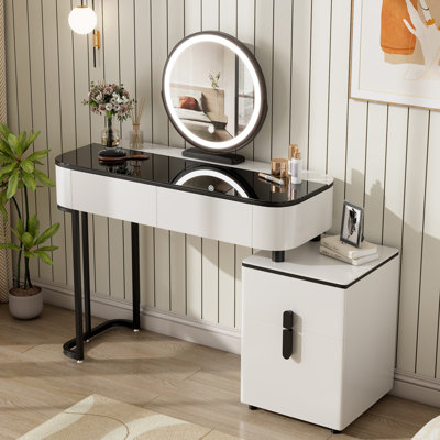 Modern Vanity Table with Tempered Glass Top, Adjustable Height Legs, Multi-functional Storage Cabinet and Round Mirror, White and Black, 100cm/39.37in Wide - Perfect for Bedroom, Dorm, Small Spaces