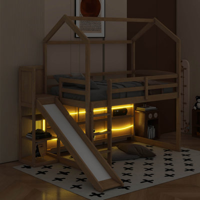 Twin Size Wood House Loft Bed With Slide, Storage Shelves And Light, Climbing Ramp