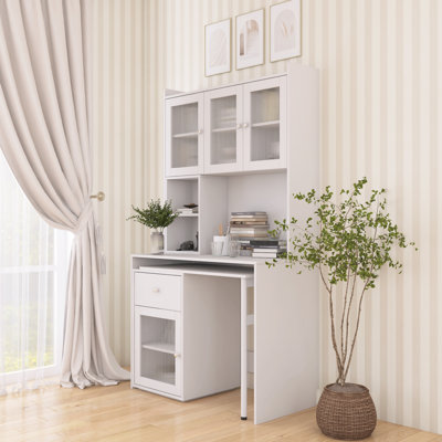 90° Rotating Home Office Desk With Glass Door & Hutch