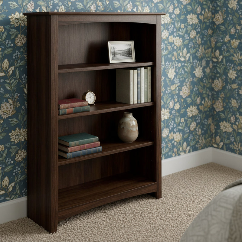 Malani 36" H Solid Wood Classic Bookcase, Coffee, (4 Shelves) 48"H x 31.75"W x 12.875"D