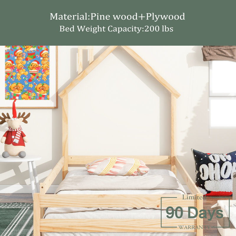 Lit simple en bois avec tête de lit en forme de maison et clôtures, Naturel