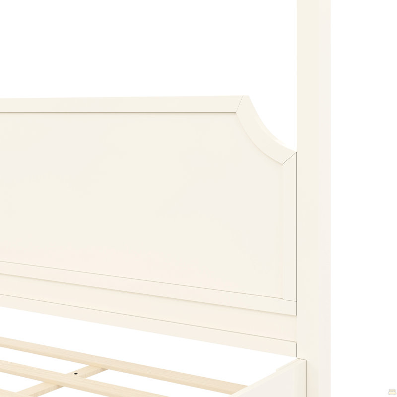 Grand lit plateforme à baldaquin en bois avec tête de lit et pieds de support, blanc crème
