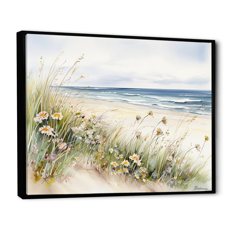 Fleurs sauvages sur la plage - Art mural fleurs sauvages, Cadre flottant noir, 34" H x 44" W