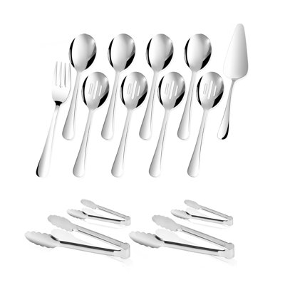 14-Piece Stainless Steel Serving Utensils Set with Slotted Spoons, Fork, Tongs, Cake Server, Silver