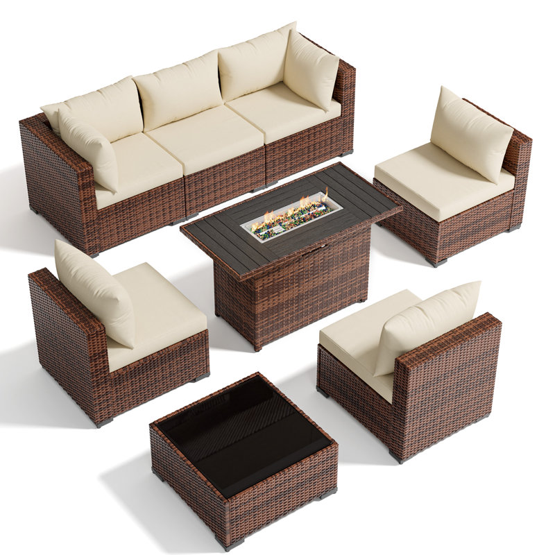 6 - Person Outdoor Wicker Patio Conversation Furniture Set With Fire Pit Table, Beige