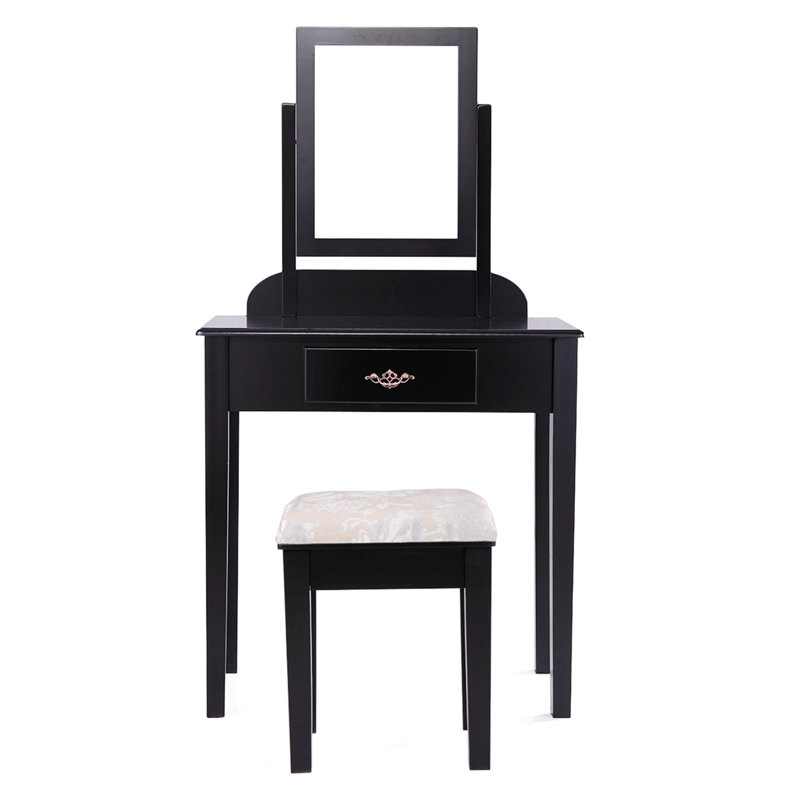 Ensemble de coiffeuse en bois massif avec tabouret et miroir Darylle