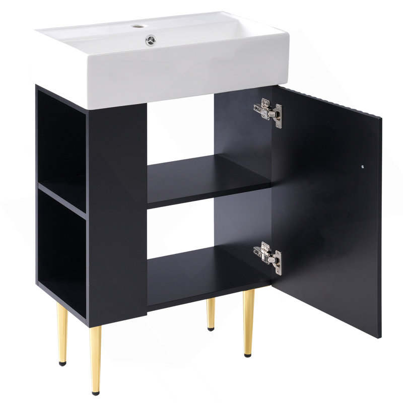 21.6" Black Bathroom Vanity, Combo Cabinet, Bathroom Storage Cabinet, Single Ceramic Sink, Left Side Storage, Black