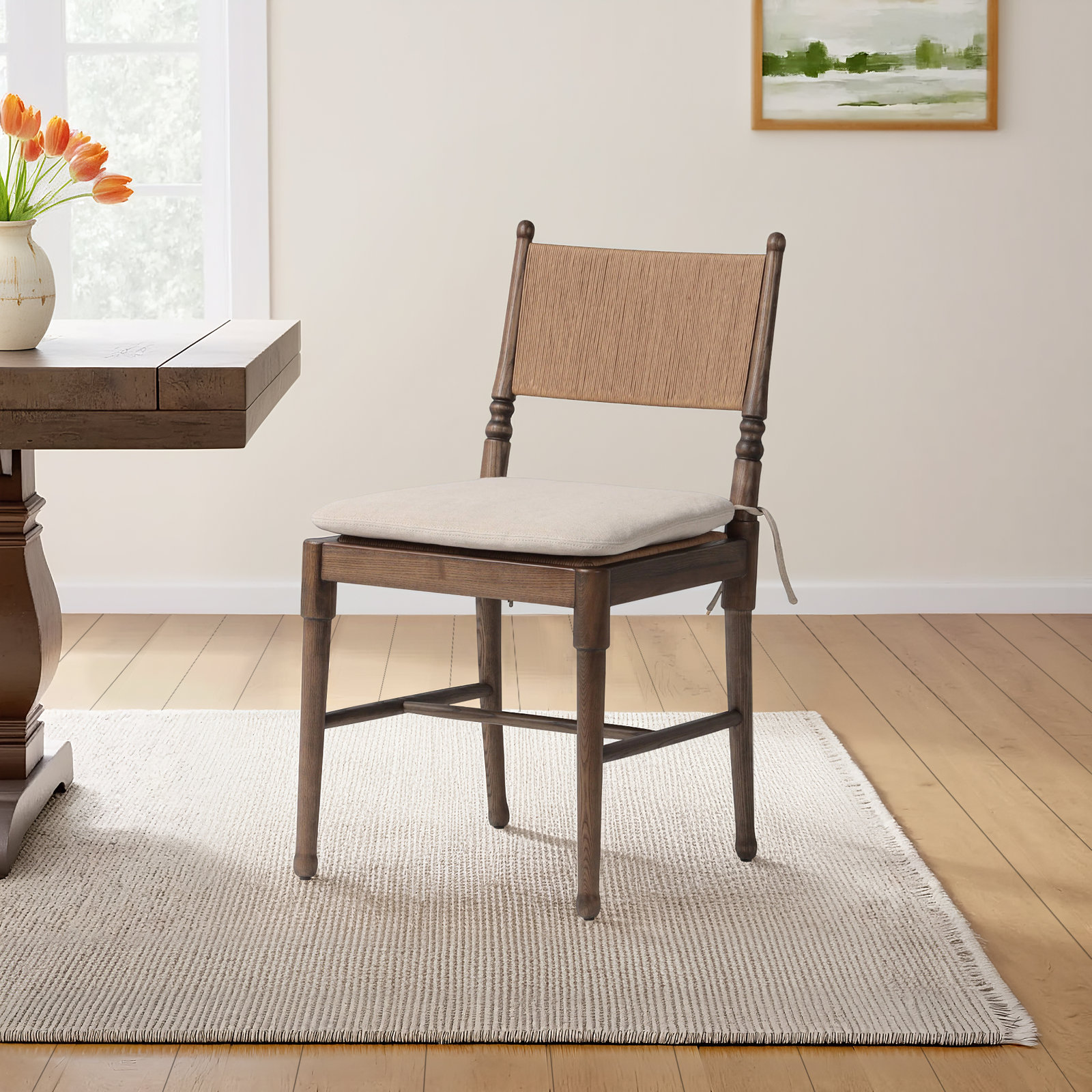 Fayth Dining Chair with Cushion, Dune Linen, Antique Walnut