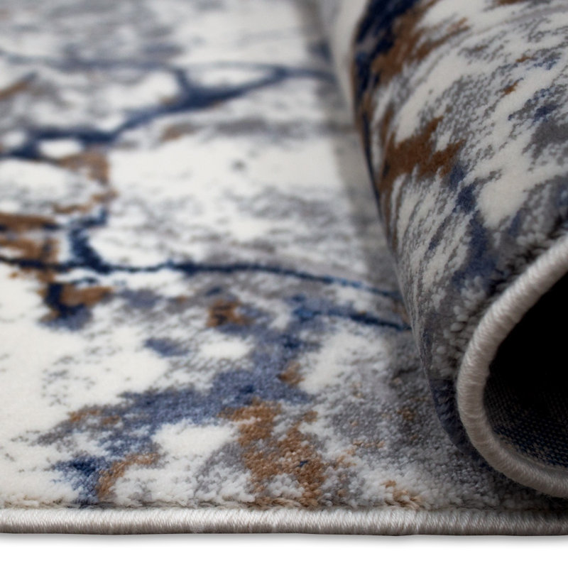 Tapis abstrait bleu / brun / gris, Tapis de couloir 3 pi 11 po x 16 pi 5 po