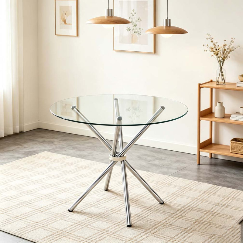 Round clear glass dining table, Silver