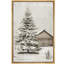 Arbre de Noël rustique enneigé, décorations rouges de vacances par une grange, décor de ferme Illustration-106068645-106068646