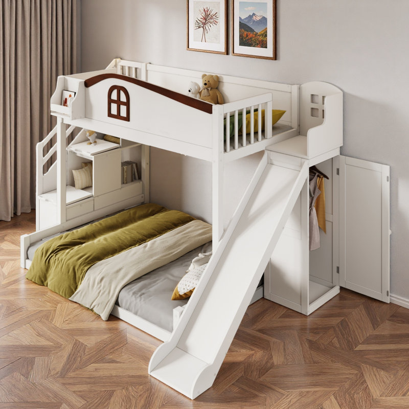 Lit superposé avec escalier de rangement, tablette, glissade et garde-robe, Blanc