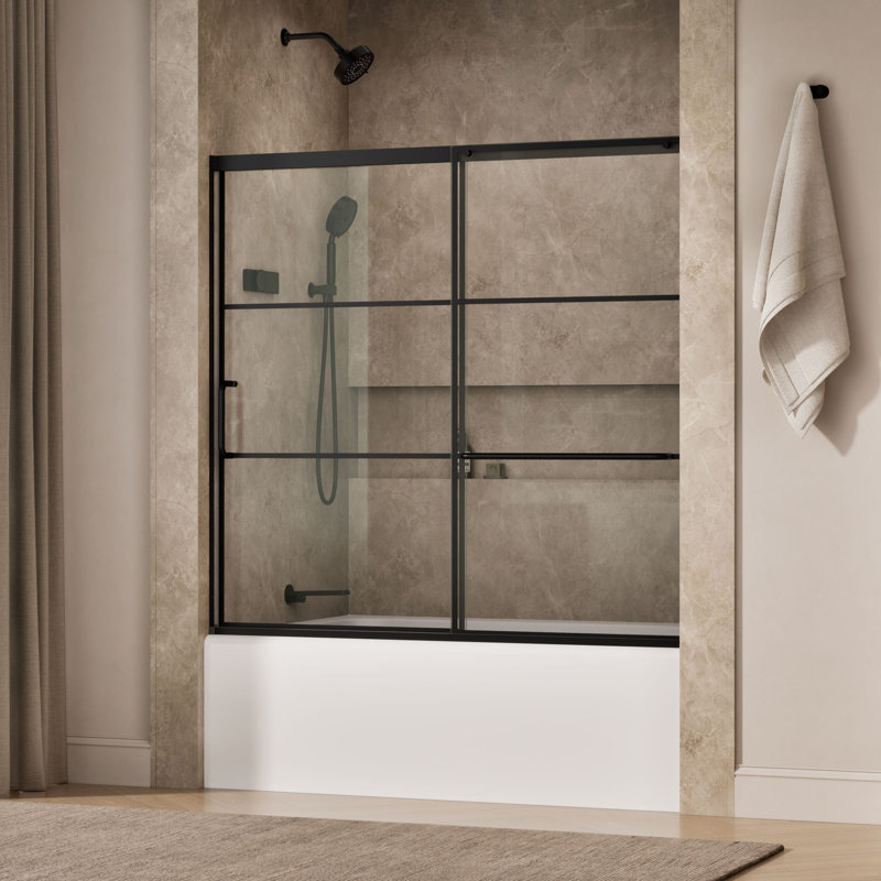 Elate Sliding Bath Door, 56-3/4-In H X 56-1/4 - 59-5/8-In W With Heavy 5/16-In Thick Frosted Glass With Rectangular Grille Pattern