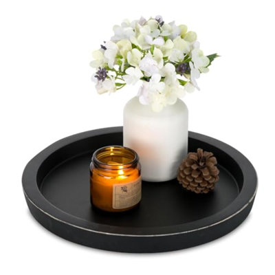 Black Round Decorative Coffee Tray Wooden Trays For Coffee Table Centerpieces Dining Room Circle Wood Ottoman Serving Tray For Bathroom Kitchen Counter Candle Holder