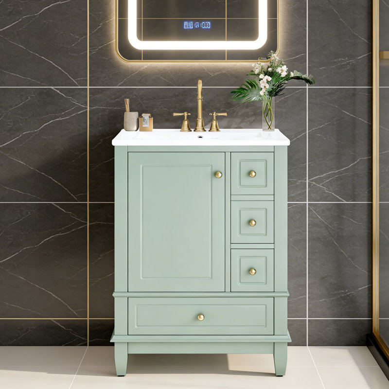 Compact All-in-One Vanity with Integrated Ceramic Sink and Spacious Storage Perfect for Small Bathrooms and Guest Rooms
