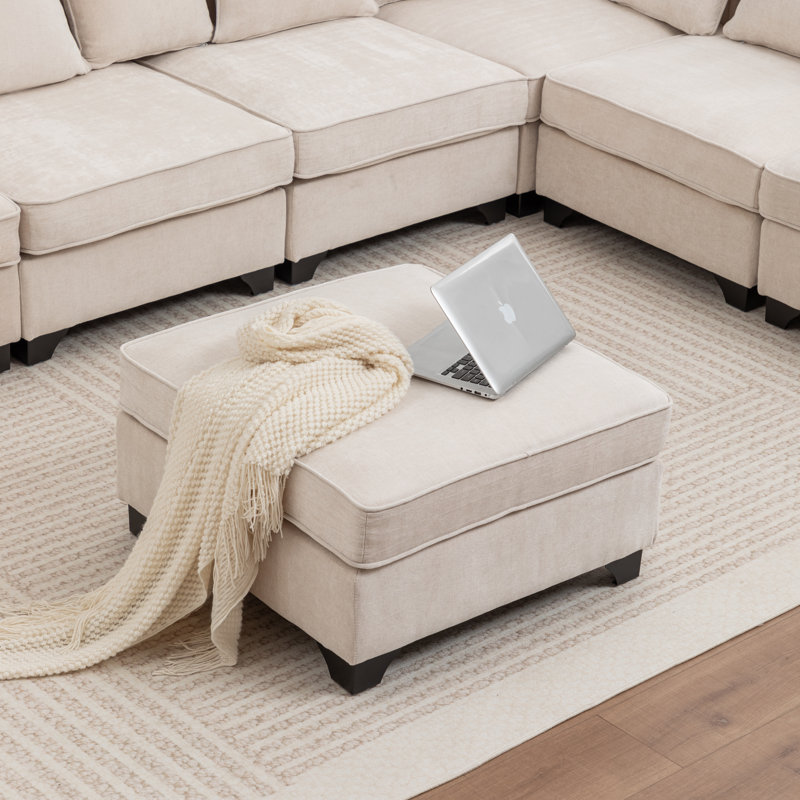 Kempson 7 - Piece Upholstered L-Shaped Sectional With Ottoman, Beige Polyester
