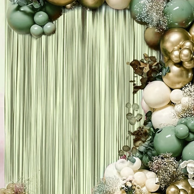 4 Pcs Sage Green Metallic Tinsel Foil Fringe Streamers Backdrop for Birthday Wedding Party Photo Booth Props Decorations
