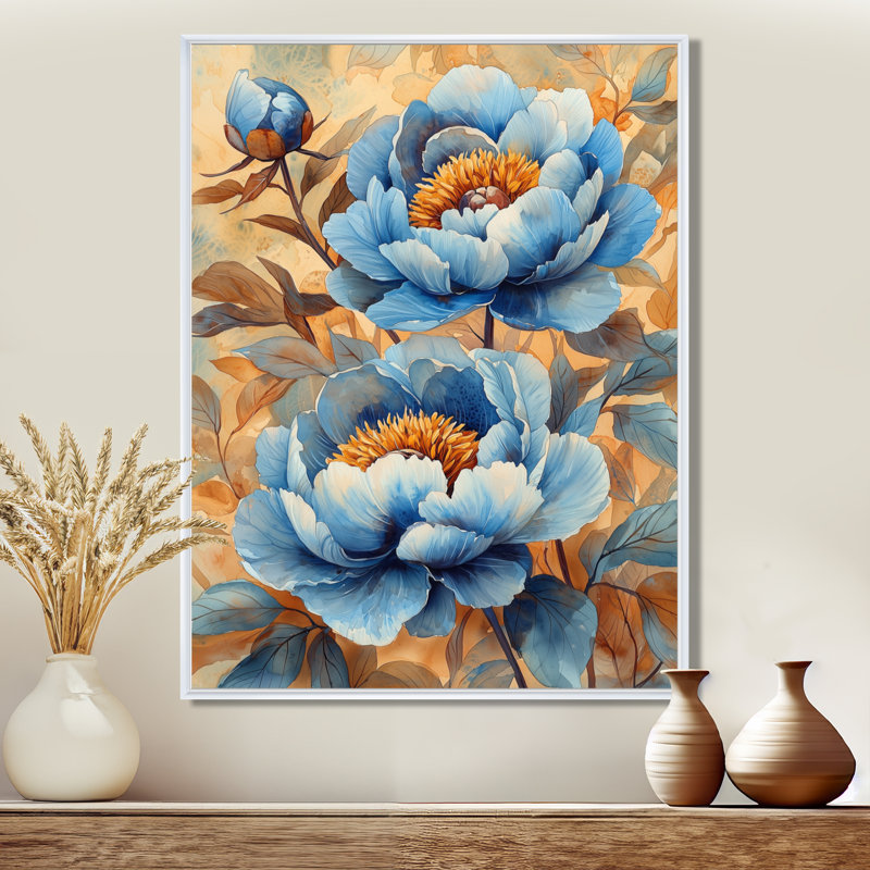 Pivoines bleues dans la basse-cour IV - pivoines, art mural, H 40 po x l 30 po, Reproduction avec cadre flottant, Blanc