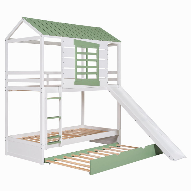 Lit superposé simple au-dessus de simple avec glissière convertible et lit gigogne, blanc et vert (ancien SKU: GX000538AAK)