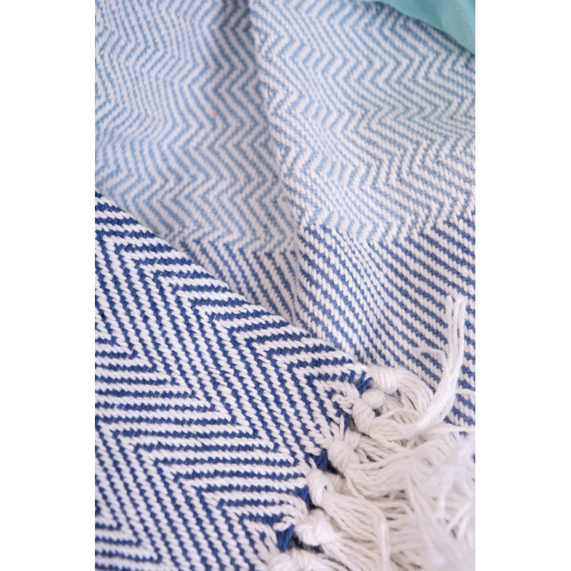 Mint and White Cotton Striped Throw Blanket with Fringe