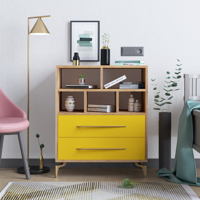 Commode décorative 2 tiroirs, Jaune / chêne
