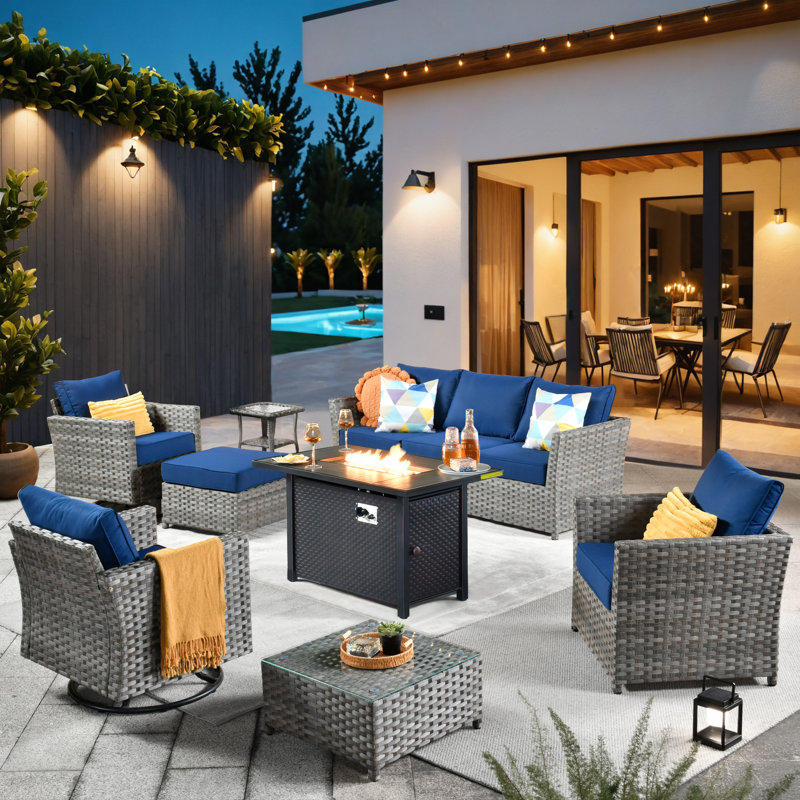 Ignatz 10 - Piece Patio Furniture Set With Cushions, Navy Blue